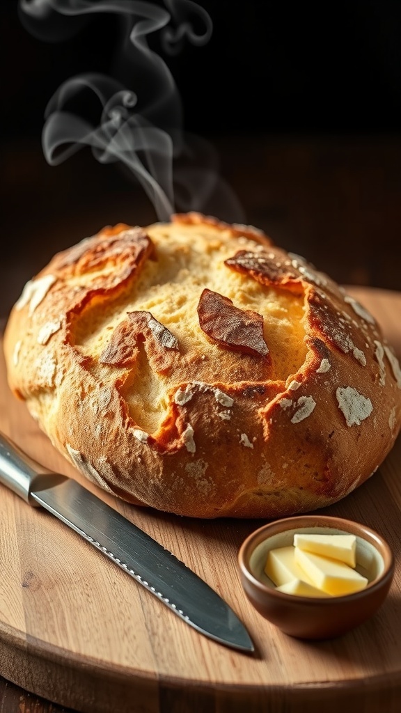 A golden crusty artisan bread loaf on a wooden board with a knife and butter.